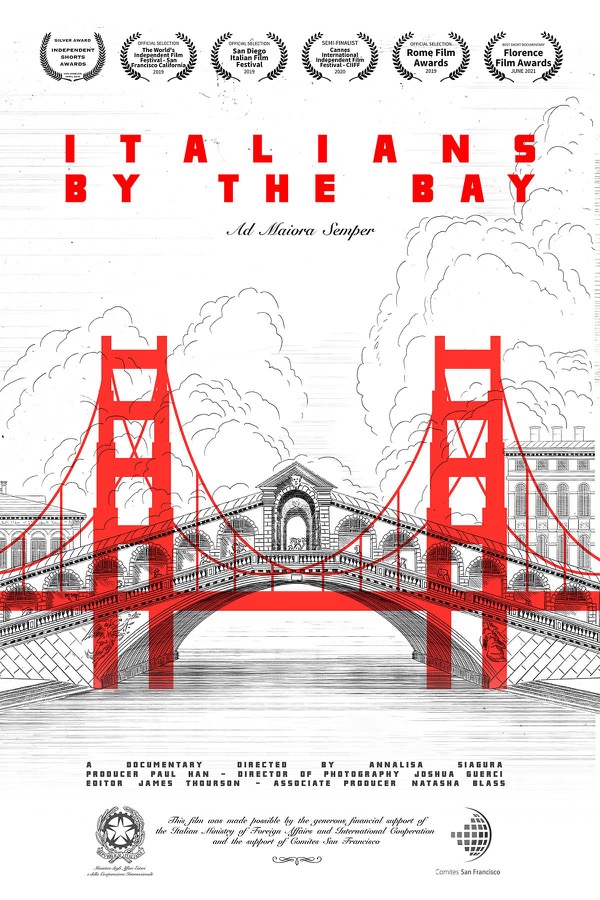 Italians By The Bay poster: a red Golden Gate Bridge drawn over the Rialto Bridge in Venice, on white