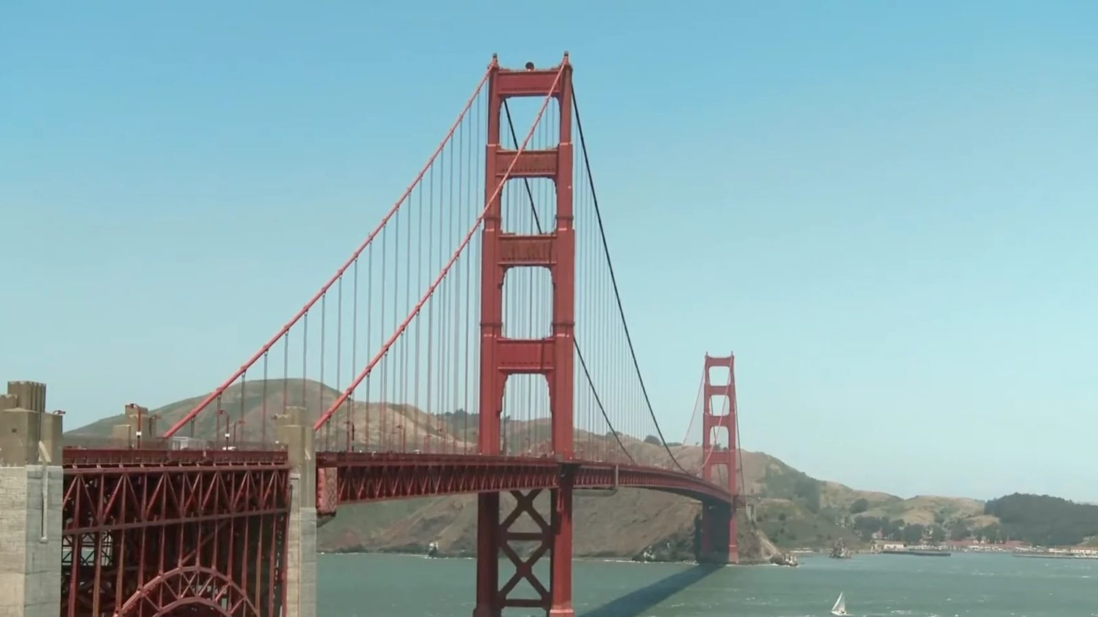 Still from the film: the Golden Gate Bridge from the south tower, looking toward Marin